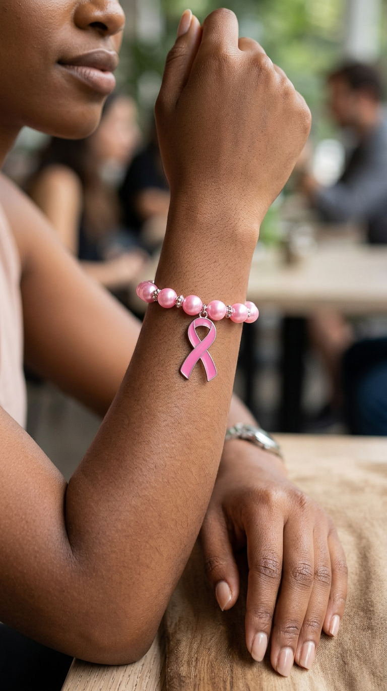 Beaded Dark Pink Bracelet w/Breast Cancer Awareness Ribbon