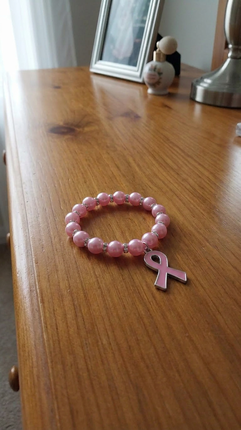 Beaded Dark Pink Bracelet w/Breast Cancer Awareness Ribbon