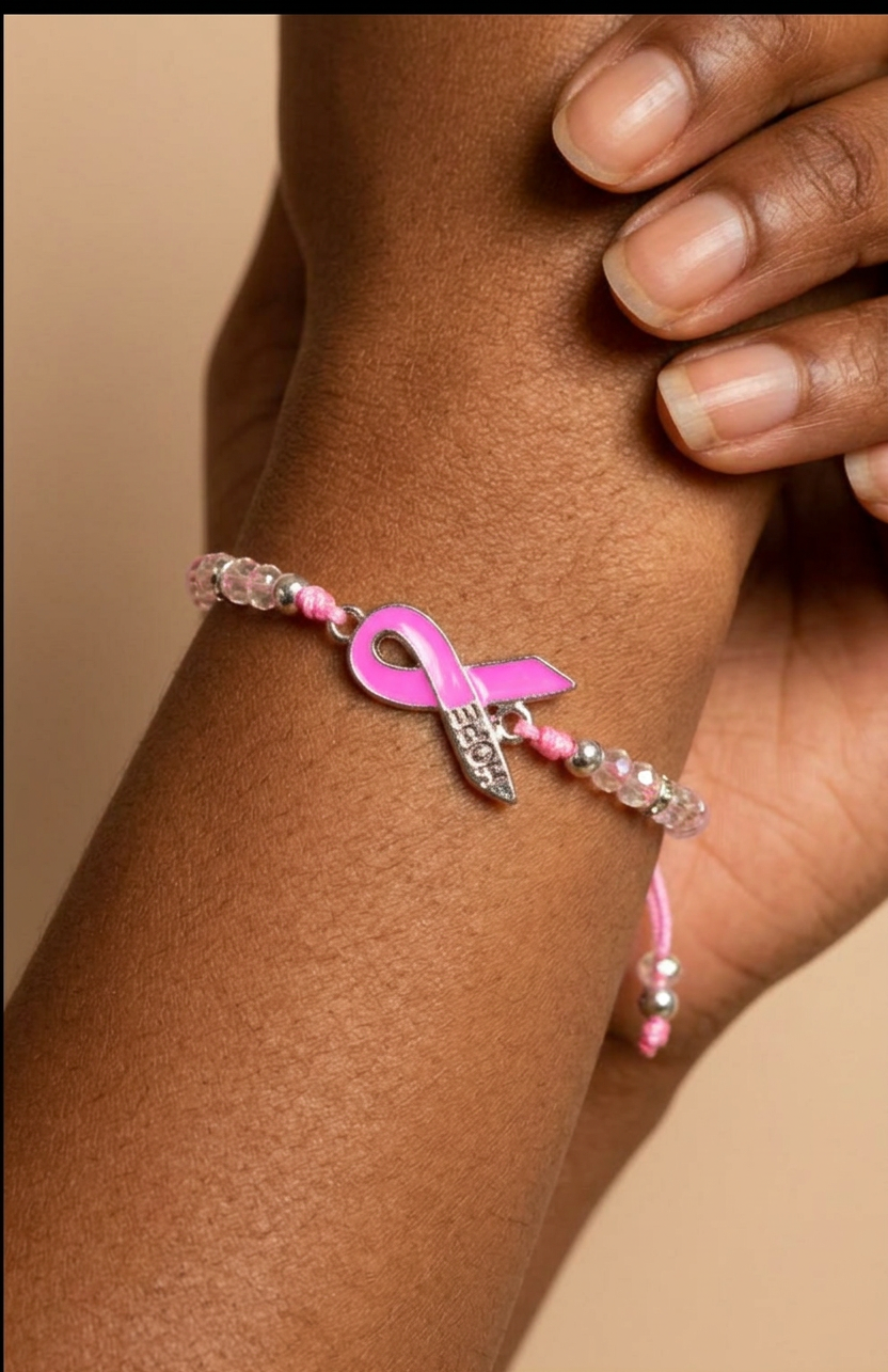 Tiny beaded bracelet w/ The Breast Cancer Ribbon awareness symbol