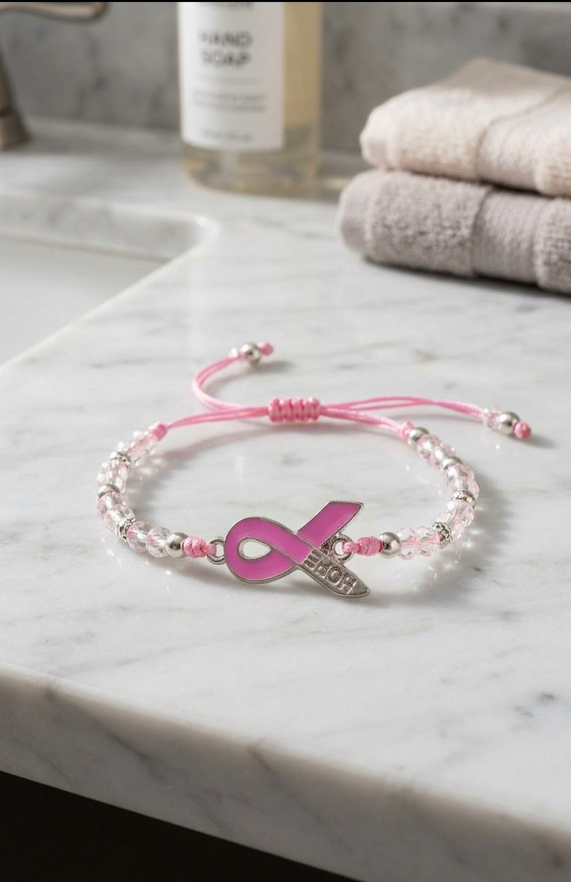 Tiny beaded bracelet w/ The Breast Cancer Ribbon awareness symbol