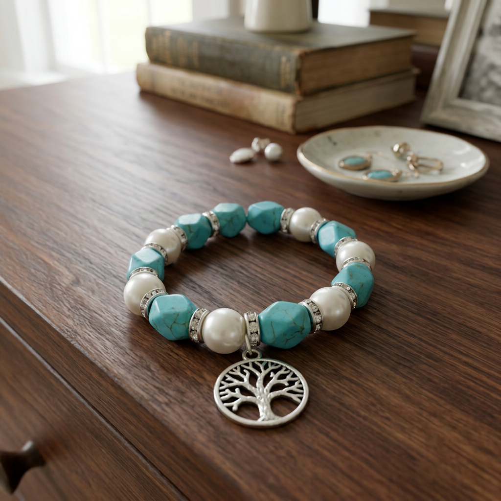 Turquoise & Cream stone Tree of Life bracelet