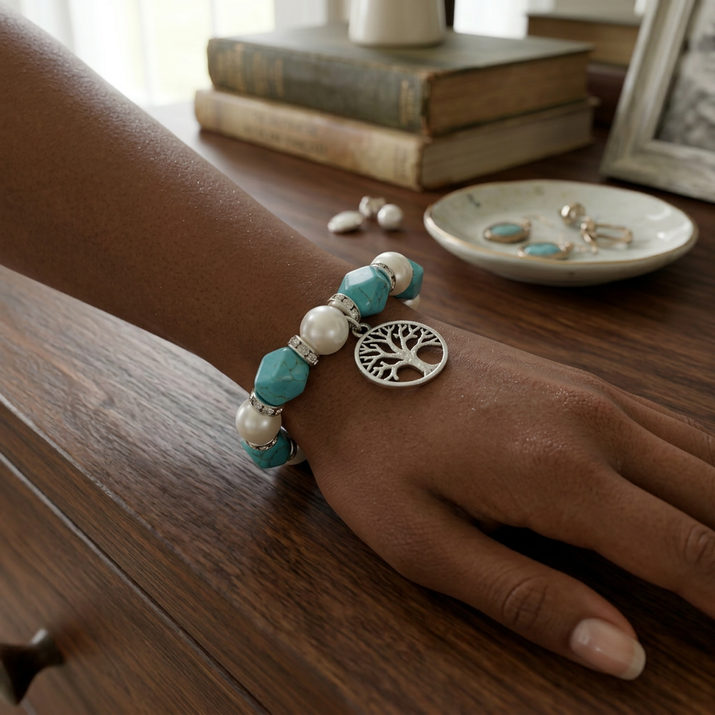 Turquoise & Cream stone Tree of Life bracelet