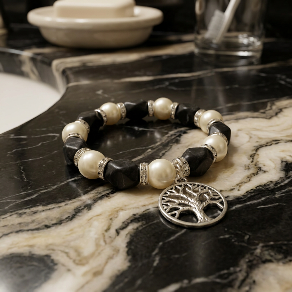 Creamy White Round Pearls w/black faceted beads Tree of Life Pendant