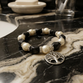 Creamy White Round Pearls w/black faceted beads Tree of Life Pendant